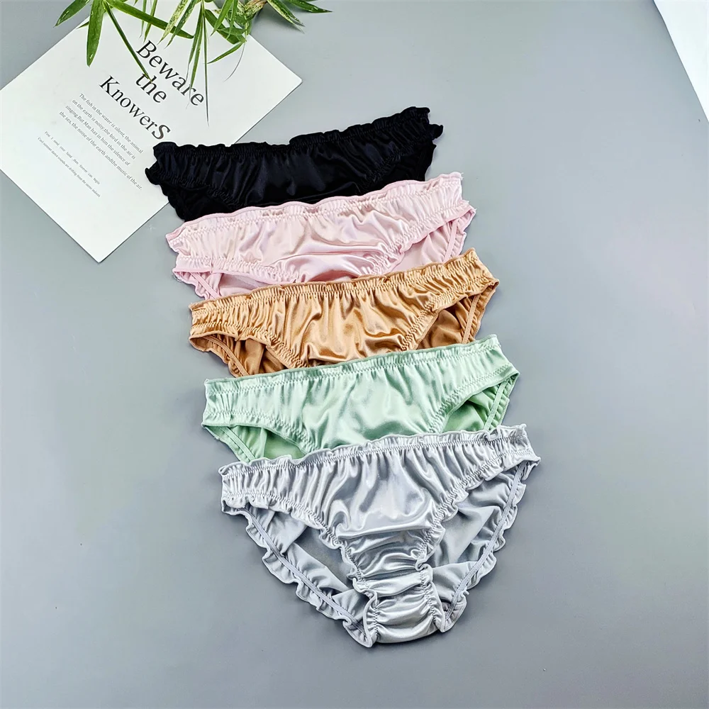 5PCS/Set Ruffles Women's Panties Sexy Lingerie Big Size Smooth Pearlescent Silk Satin Briefs Soft Cozy Underpants Plus Size