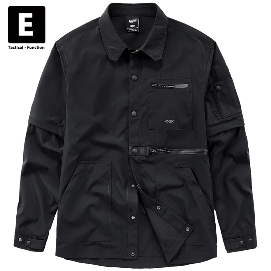 

Black Cargo Shirt Men Spring Autumn Long Sleeve Shirts Hip Hop Streetwear Techwear Shirts Removable Sleeves Design Tactical Male