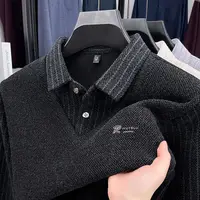 Pull pour hommes col Polo étiquette Patchwork rayures doublure en laine peluche tricoté épaissi pull marque de luxe impression Thermo vêtements pour hommes 2