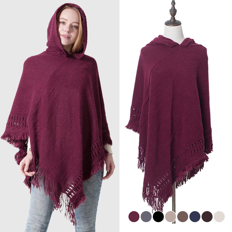 

Womens Winter Autumn Knit Batwing Cape Pullover Sweater Hooded Poncho Vintage Shawl Wrap Plush Fringe Tassel Hem Cape Coat