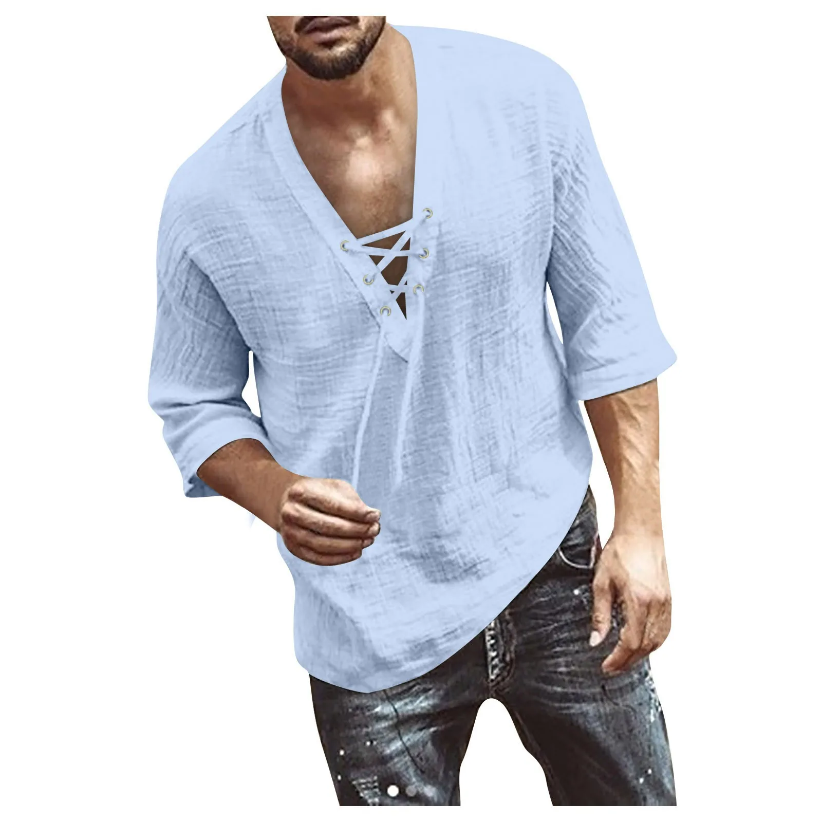 

Men'S Large Size Shirts Spring Summer Casual Cotton Linen Solid Color Three Quarter Sleeves Shirts Loose Lace-Up V-Neck Shirts