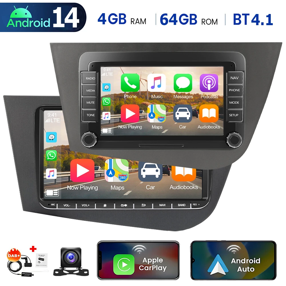 ESSGOO Radio Samochodowe 7"/9\" Android 14 Do Seat Leon 1P1 2005-12 Ekran Dotykowy 4+64G Bezprzewodowy Carplay GPS NAVI WIFI RDS FM Bluetooth