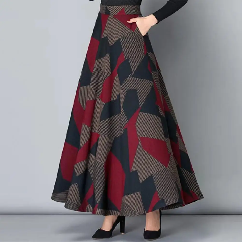 

Women Plaid Skirt Colorblock High Waist Big Hem A-line Skirt Retro Pockets Ankle Length Ruffle Loose Lady Maxi Skirt