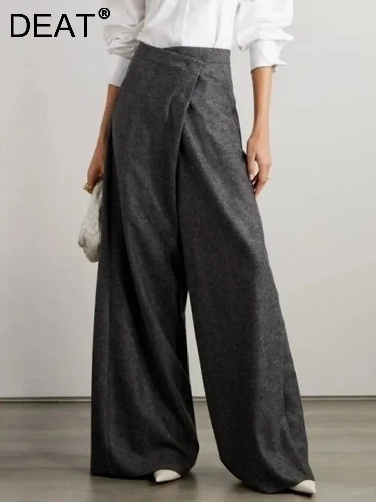 

DEAT Fashion Women's Woolen Pants High Waist Asymmetric Intersection Full Length Wide Leg Pants Winter 2024 New Tide 7AB1810