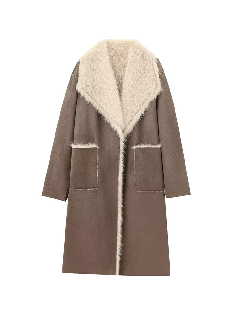 Women Winter Warm Jacket Coat New Loose Reversible Design Faux Fur Effect Long Sleeve Lapel Pocket Decorate Coat Casual Outwear