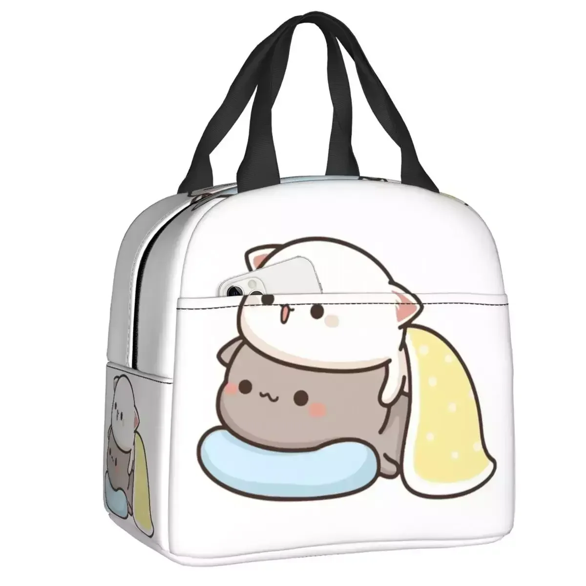 

2024 New Peach And Goma In Blankets Portable Lunch Boxes Multifunction Mochi Peach Cat Cooler Thermal Food Insulated Lunch Bag