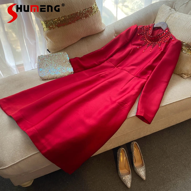 

Red Dress Autumn Winter 2024 New Women's Clothes Dresses Mid-Length Elegance Retro New Year Strong Atmosphere Vestidos De Mujer