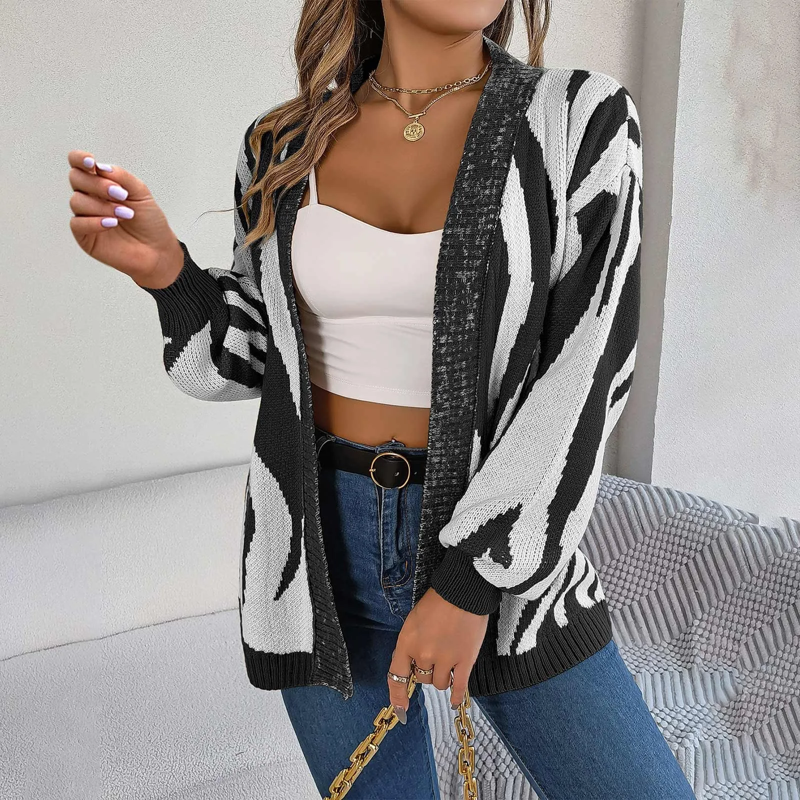 

Women Striped Cardigan Sweater Coat Loose Casual Lantern Sleeve Knitted Jacket For Women 2023 Autumn Winter Fashion Clothes