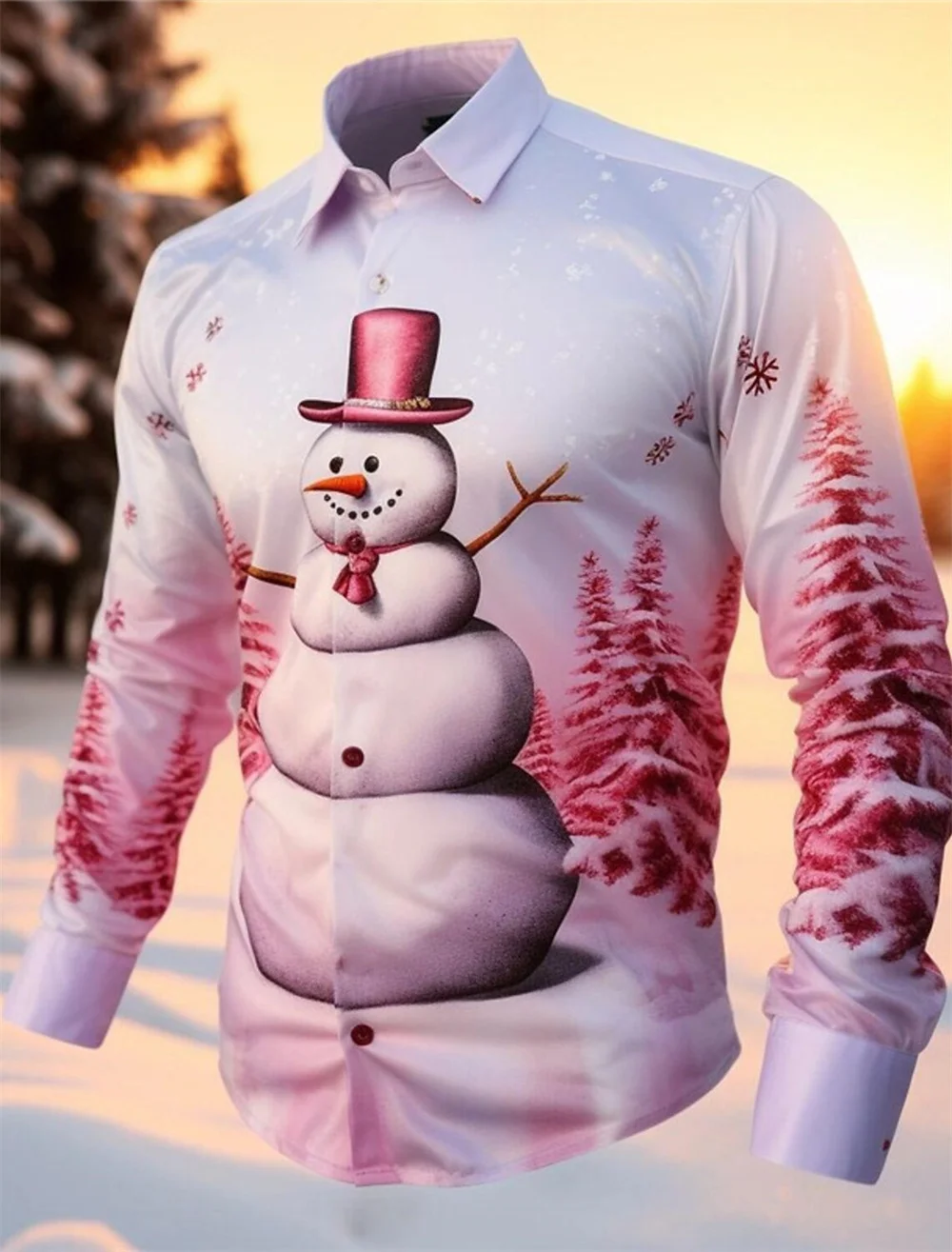 2023 Men's Christmas Shirt Long Sleeve Button Pink Snowman Print Shirt Daily Outgoing Men's Top Plus Size Christmas Gift