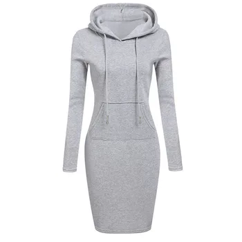 Women Knee-Length Pocket Dress Hooded Warm Sweat Shirt Long Sleeve Simple Casual Sport Clothes Fashion Workout Lounge Streetwear 1