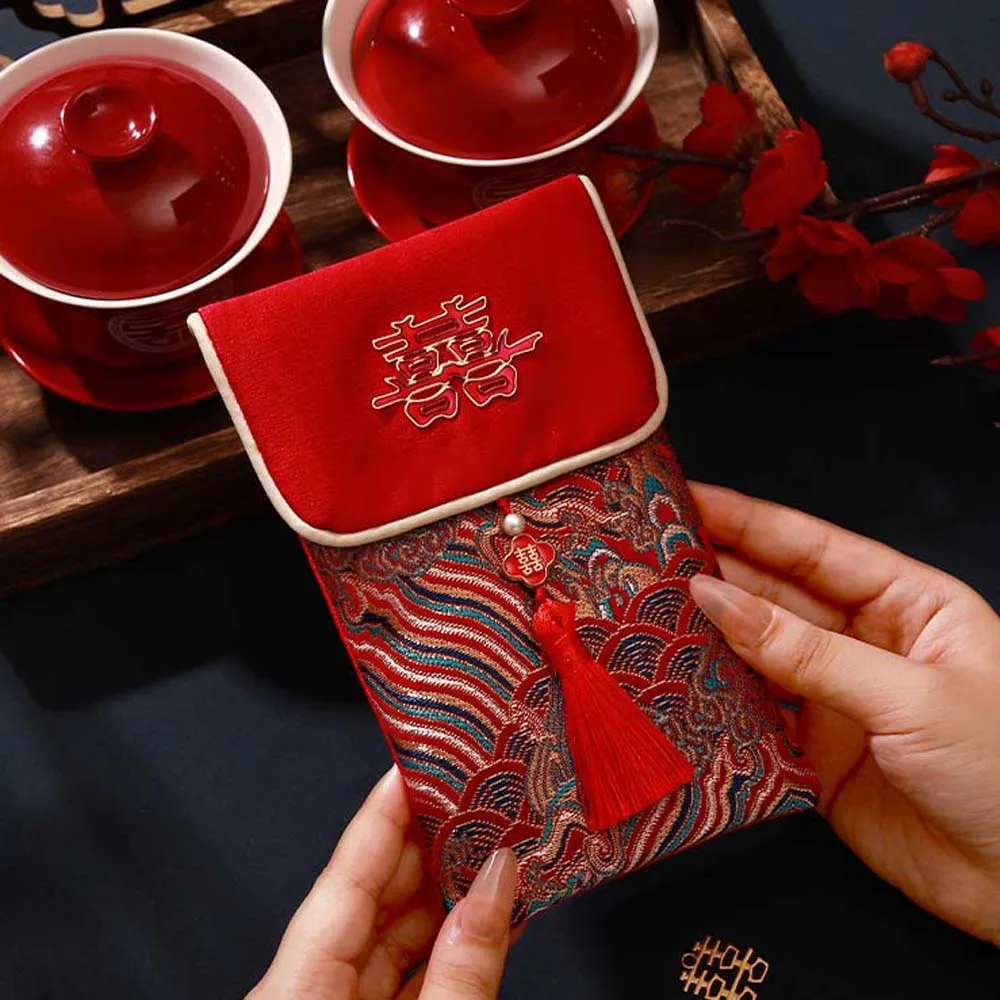 New Year Blessing Words Brocade Red Envelope Brocade Cloth Tassel Embroidery 2025 Money Pocket Spring Festival Best Wishes