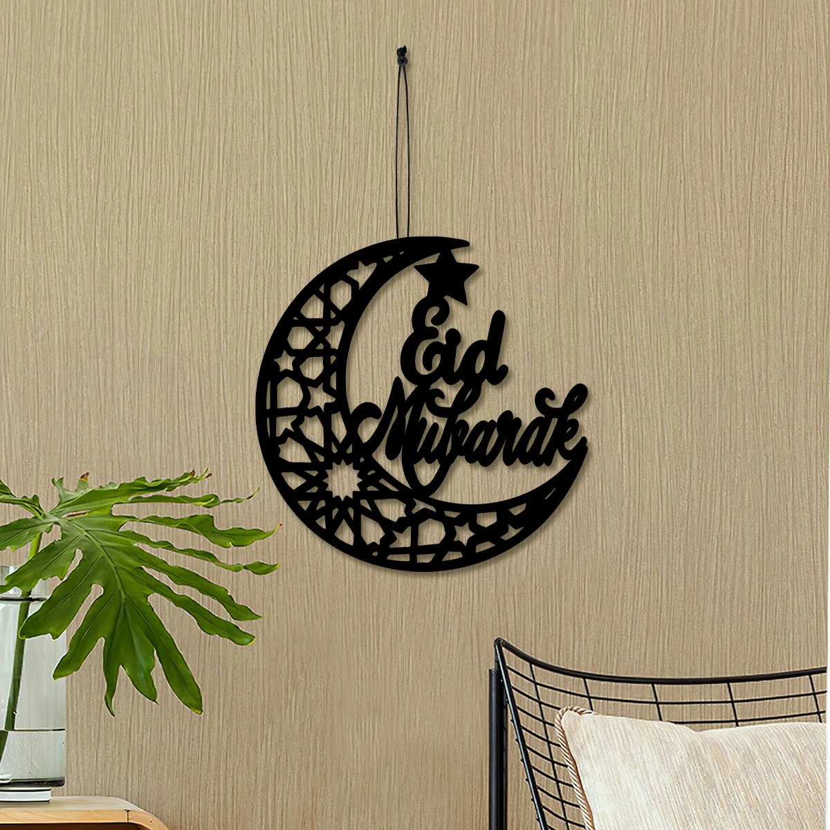 1PC, creative black natural wood color wooden retro pattern moon-decorated pendant, Eid Mubarak festival home decoration pendant