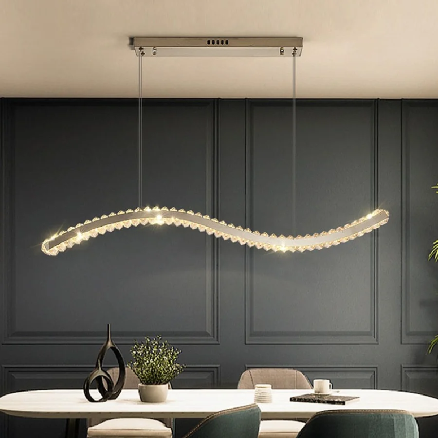 

Nordic Light Luxury Long Strip Restaurant Lamp Modern Luxury High-end Atmospheric Dining Table Bar Wave Crystal Chandelier