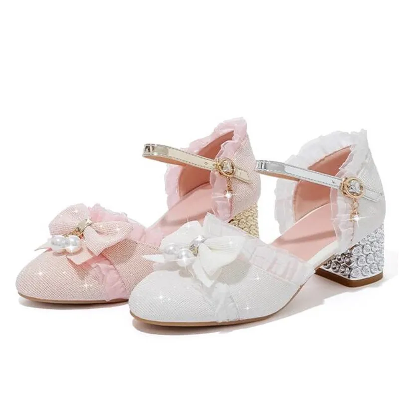 

Girls Sandals Lolita Shoes Bowtie Children High Heels Shoe Fashion Kids Wedding Shoe