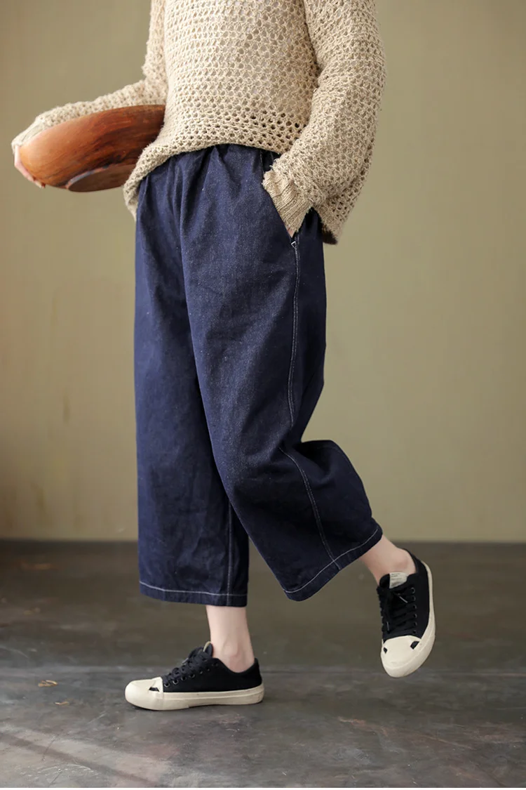 

2022 women's spring style navy blue cotton elastic waist loose casual pants S417-21
