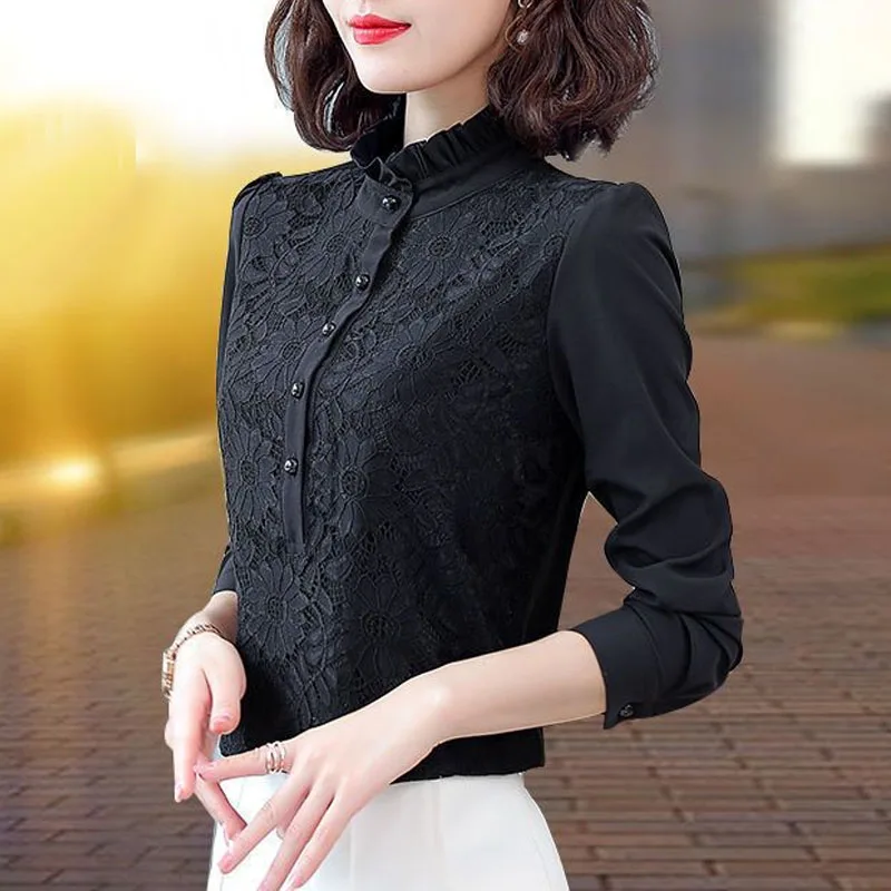 Stand Collar Agaric Lace Bottoming Shirt Office Lady Floral Embroidery Single Breasted Women Clothing Chiffon Puff Sleeve 4XL