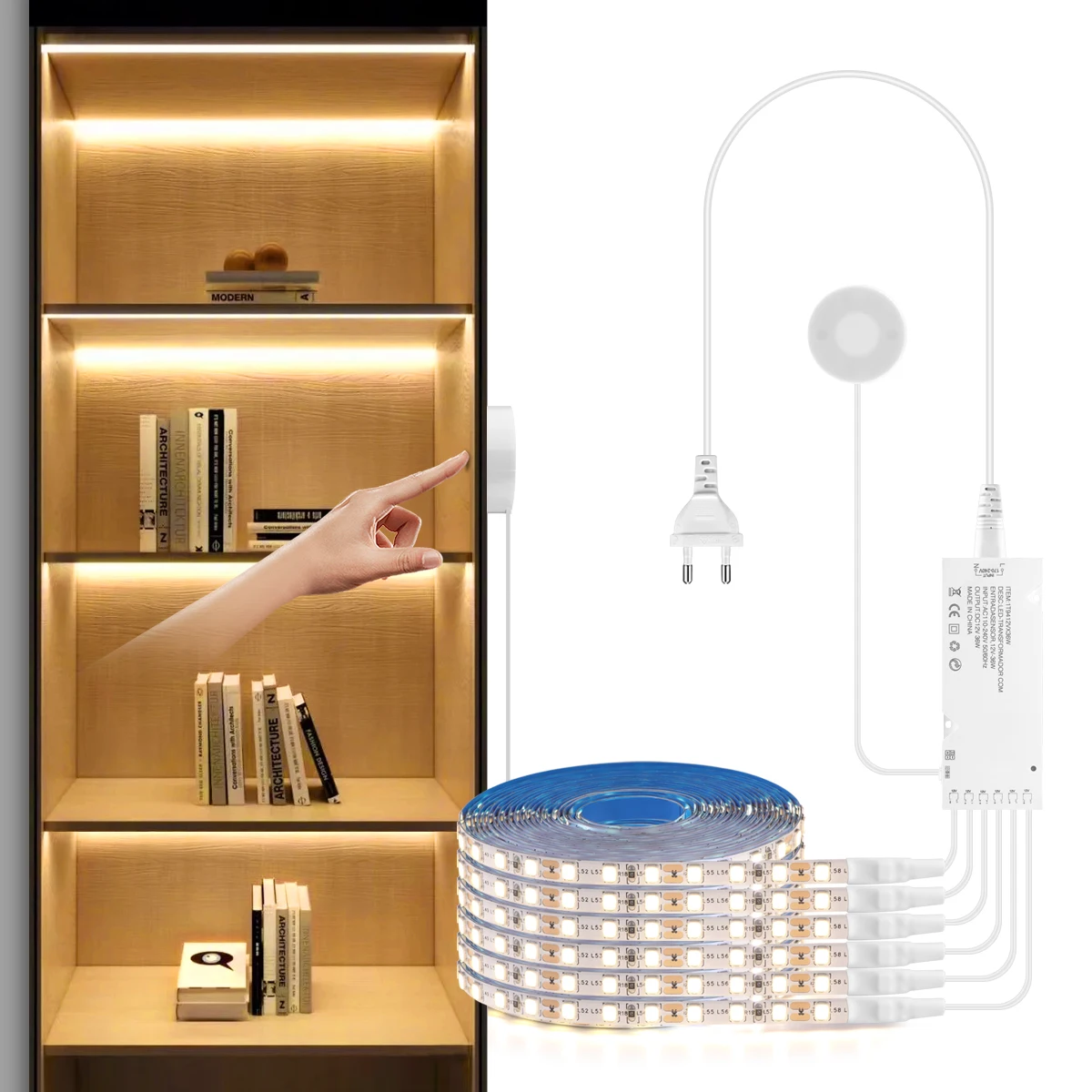 1-10Pcs LED Under Cabinet Light Penetrable Wood Dimmable Touch Sensor SMD2835 120LEDs/m Lamp Tape DIY Display Closet Backlight