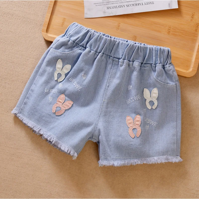 여아 데님 반바지 아동 여름 패션 반바지 아동 블루 패턴 프린트 레이스 반바지