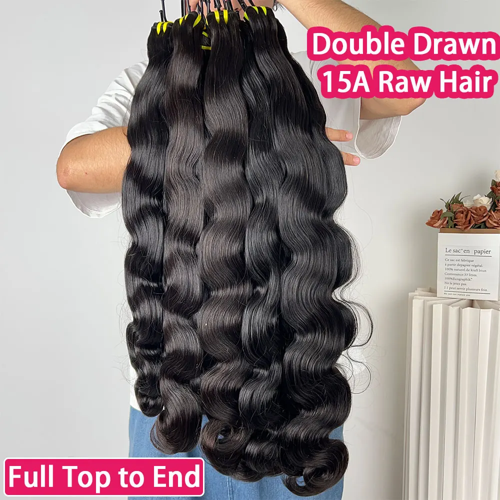 15A Double Drawn Body Wave 100% Human Hair Bundles 1B Natural Black Raw Virgin Human Hair Extensions Weaving For woman 1