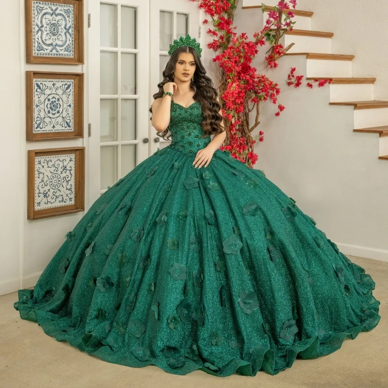 

Luxury Dark Green Quinceanrea Dresses 2024 Pageant 3D Flowers Beads Sweetheart Sweep Train Sweet 15 16 Birthday Party Gown