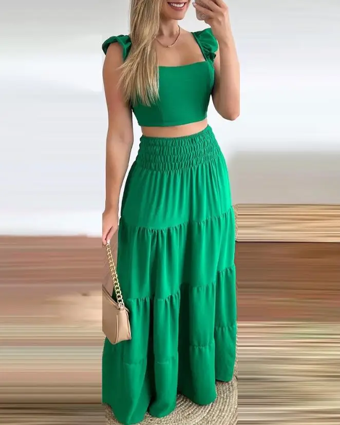 

Two Piece Sets Women Outifit 2023 Summer Fashion Tied Detail Ruffle Hem Square Neck Sleeveless Crop Top & Shirred Maxi Skirt Set