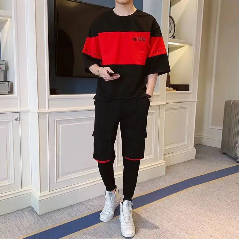 

T Shirt Pants Sets Man New In Tracksuit Matching Sports Suits Stylish Plain Stretch Cotton Men's Clothing Young La Novelty Top O