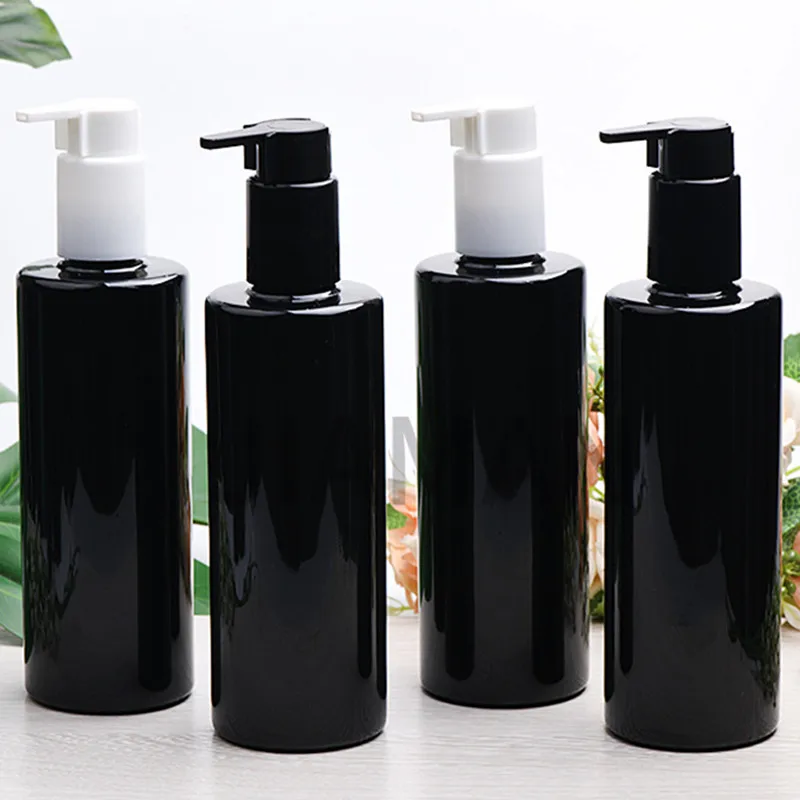 

20 шт./лот 300 мл пустая пластиковая плоская лопатка лосьон шампунь гель для душа бутылка черного цвета ПЭТ бутылка с 24 большими насадками насоса