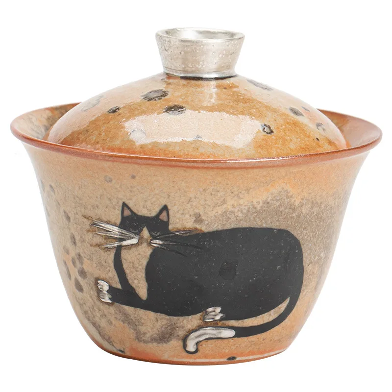 Japanese Style Kiln-changed Retro Hand-painted Silver Ceramic Covered Bowl Small Tea Bowl Tea cup gaiwan
