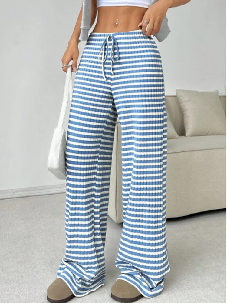 Y2K Striped Printed Long Pants Women's Casual Lace Up Pants High Street Fashion Elegant Autumn Straight Leg Pants