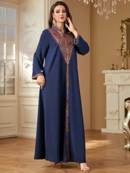 Trendy Muslim Abaya in Deep Blue Adorned with Intricate Multicolored Embroidery for Arabian Social Galas Modest Islam Fashion