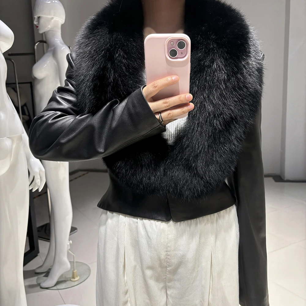 YOLOAgain Women's Real Fox Fur Collar Cropped Leather Jacket
