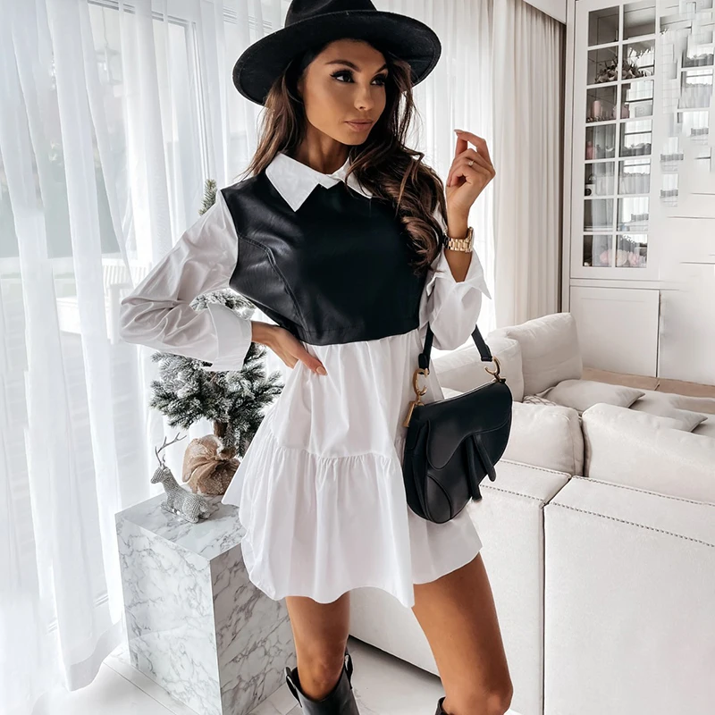 

Casual Long Sleeve Mini Shirt Dress For Women White 2022 spring and autumn PU Patwork Plaid Woman Dresses Clothing Femme Robe