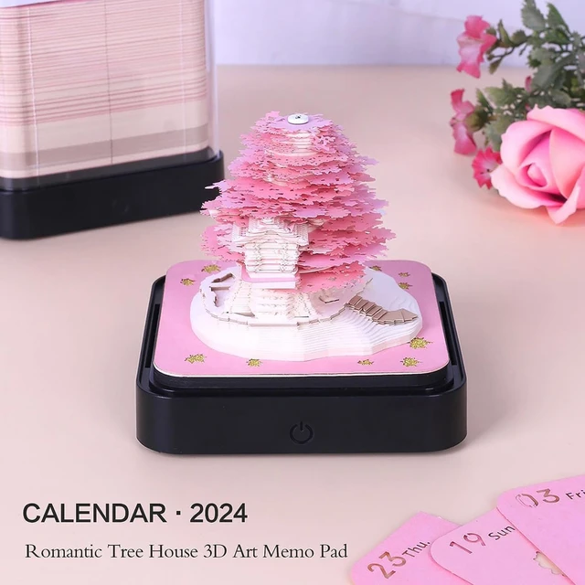 2024 Calendrier Bloc-notes avec lumières, calendrier de bureau avec  lumières LED, 3d Art Calendrier Papier Sculpture Maison Sculpture Cadeau  Pour l'école Bureau à domicile