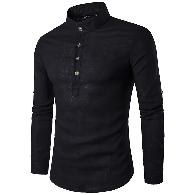 Euro Size Mens Linen Shirts Long Sleeve Button Down Solid Loose Spring Autumn Dress Henley Shirts Fashion Male Clothes