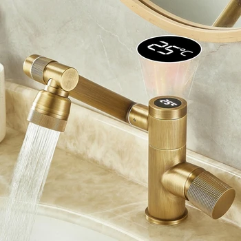 โบราณก๊อกน้ําห้องน้ําอัจฉริยะดิจิตอลจอแสดงผล LED ก๊อกน้ําอ่างล้างหน้าร้อนและเย็นห้องน้ําทองเหลืองอ่างล้างหน้า Vanity ก๊อกน้ํา 1