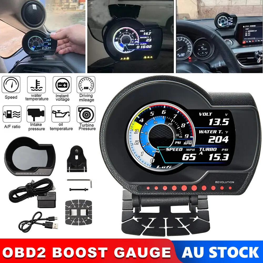 Obd2BoostGaugeCarHUDDisplayRPMOverSpeedWarningMPHTurbine