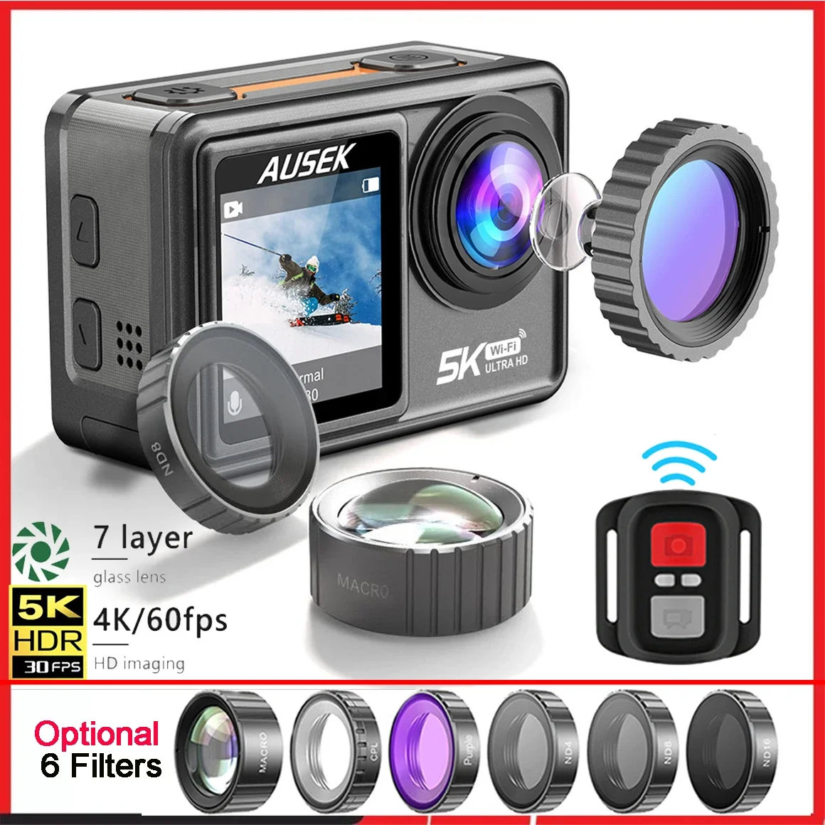 2" IPS Dual Screen Action Camera 5K 30FPS  4K 60FPS 50MP EIS Pre-Record With Optional 6 Filter 1080P Webcam Vlog WiFi Sports Cam