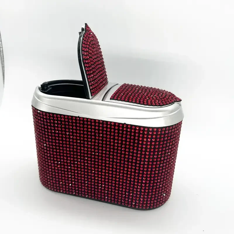 Crystal Mini Car Trash Can Bin with Lid Crystal Bling Hanging Auto Trash Bag Can Auto Garbage Waterproof Bling Car Accessories