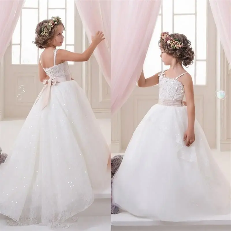 

Elegant Flower Girl Dresses for Weddings Spaghetti Straps Princess Kids Long Train Evening Party First Communion Tulle Ball Gown
