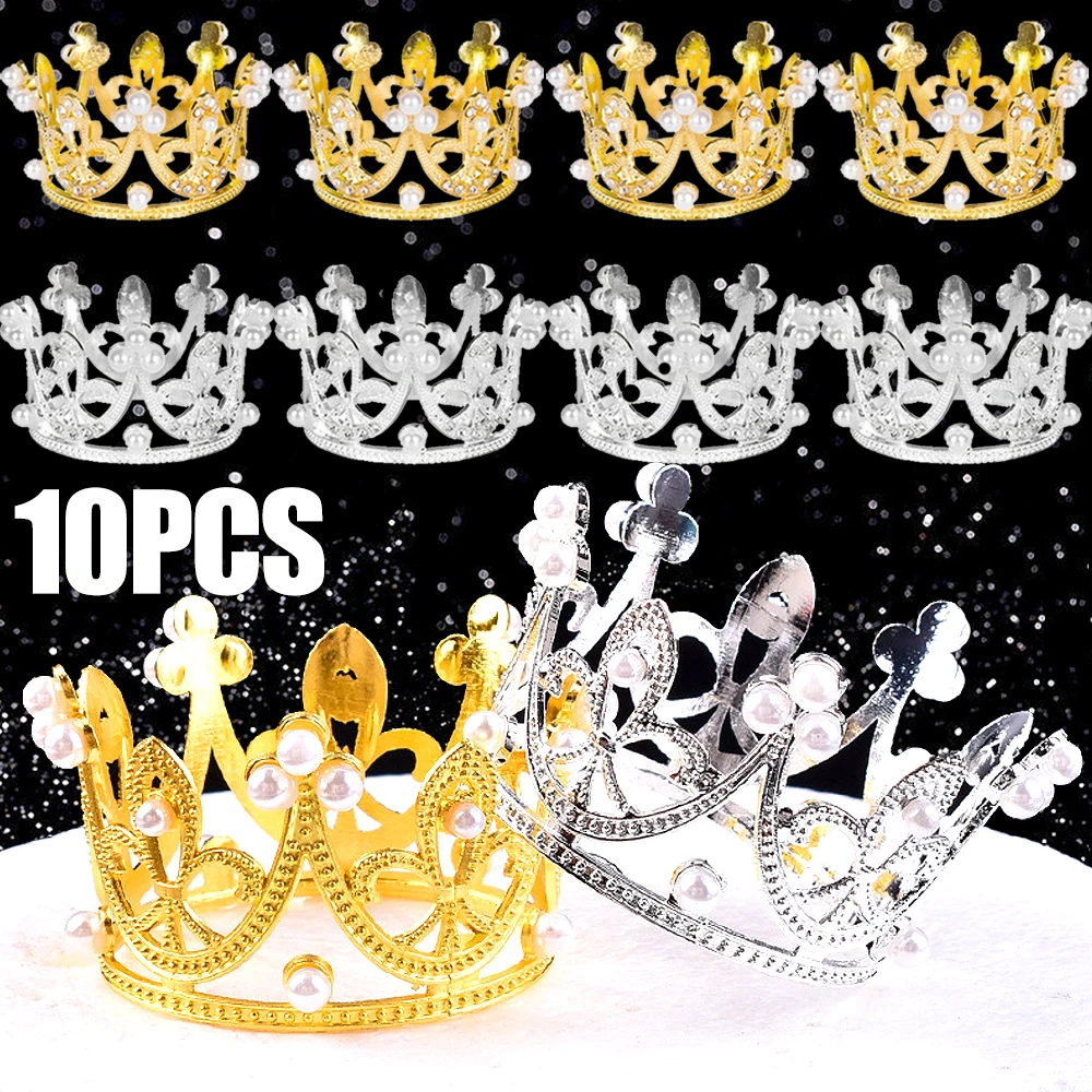 

10/6/2/1Pcs Mini Crown Cupcake Topper Princess Pearl Tiara Children Hair Ornament for DIY Wedding Birthday Party Cake Decoration