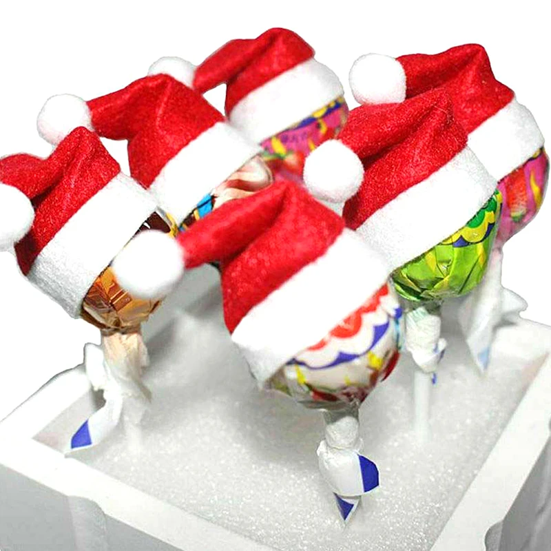 40pcs Mini Santa Hats Lollipops Christmas Decorations DIY Holiday Packaging Accessories Candy Santa Claus Caps Party Decoration