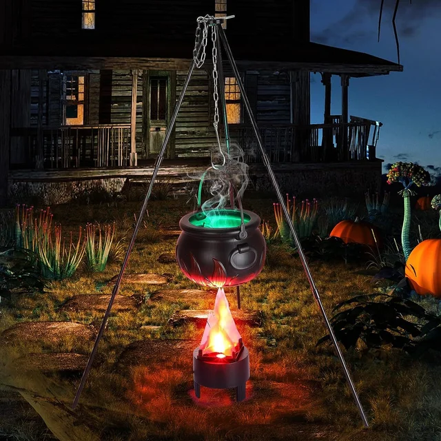 Large Witch Cauldron On Tripod With Led String Light Halloween