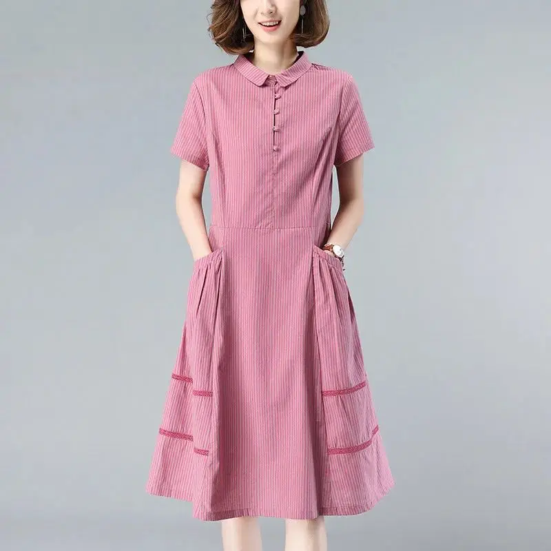 

Women's Solid Summer Stripe Peter Pan Collar Pullover Pockets Button Casual Loose Elegant Knee Skirts A-Line Office Lady Dresses