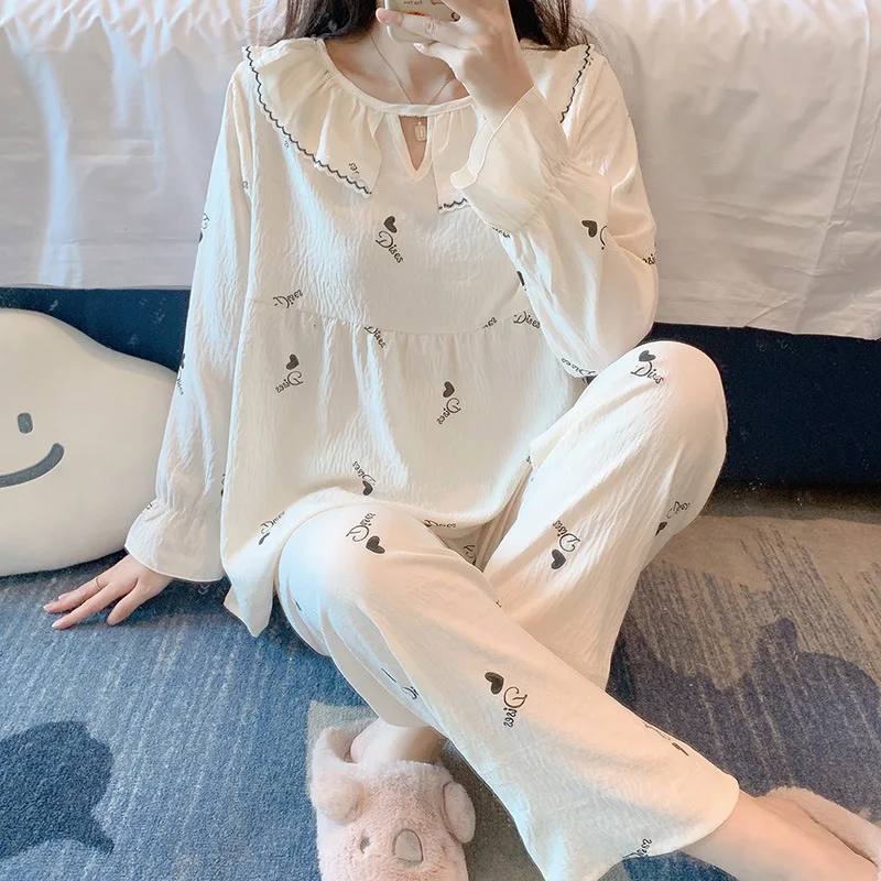 

Пижамы для женщин на весну и осень, хлопковая высококачественная одежда с длинным рукавом для дома в облаке, Женский комплект большого размера с принтом