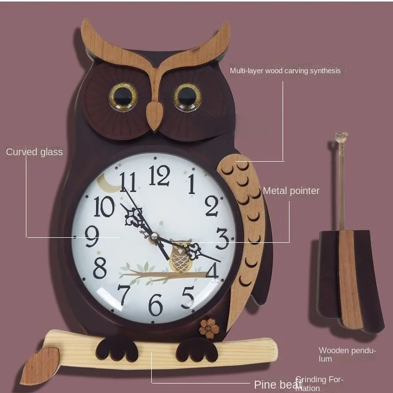 

Home Living Room Decoration Mute Pointer Clock Owl Wooden Quartz Wall Clock European Art Creative Clock