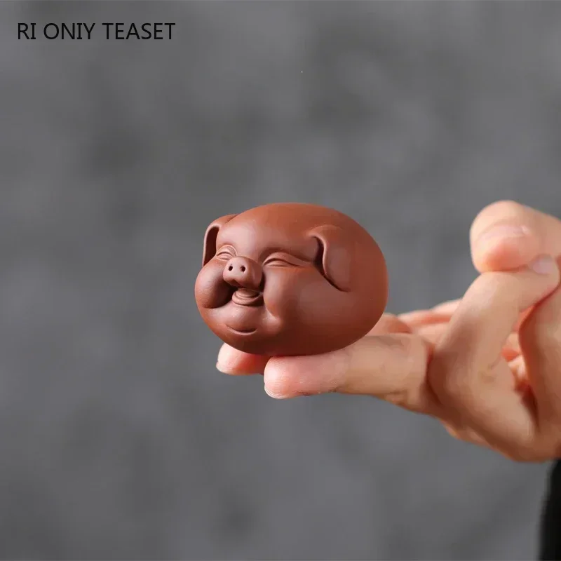 Tea Pet Ornaments 1 Pc Chinese Purple Clay Tea Pet Cute Pig Statue Tea Figurine Ornaments Handmade Sculpture Crafts Set Decoration Accessories