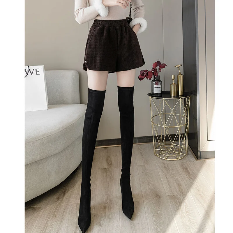 Women's Corduroy Shorts Elastic Waist Monochromatic Loose Simplicity Wide Leg Pants Casual Fashion Clothing Spring Autumn New