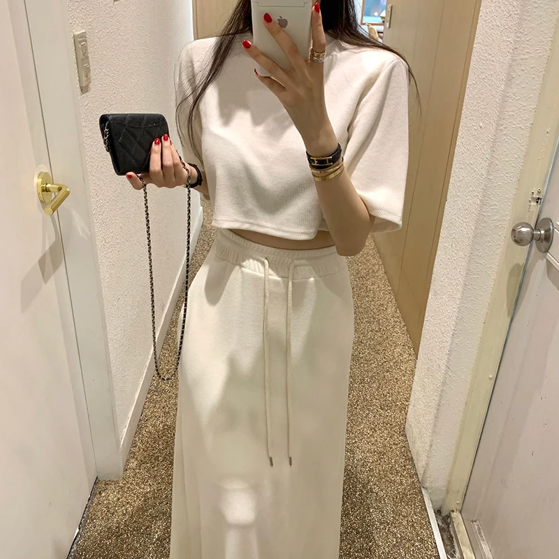 Korean Series Chic Summer New Elegant All Match Solid Short sleeve T shirt High Waist Lace