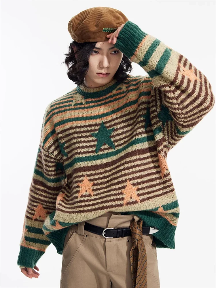 HOUZHOU Y2K Star Sweater Men Harajuku Striped Knitted Pullovers Jumpers Male Tops Oversize Purple Winter Streetwear Hip Hop