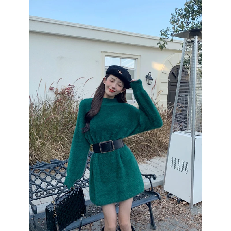 

MEXZT Vintage Belt Knitted Mini Dress Women Elegant Mink Cashmere Sweater A Line Dresses Streetwear Korean Solid Casual Vestidos
